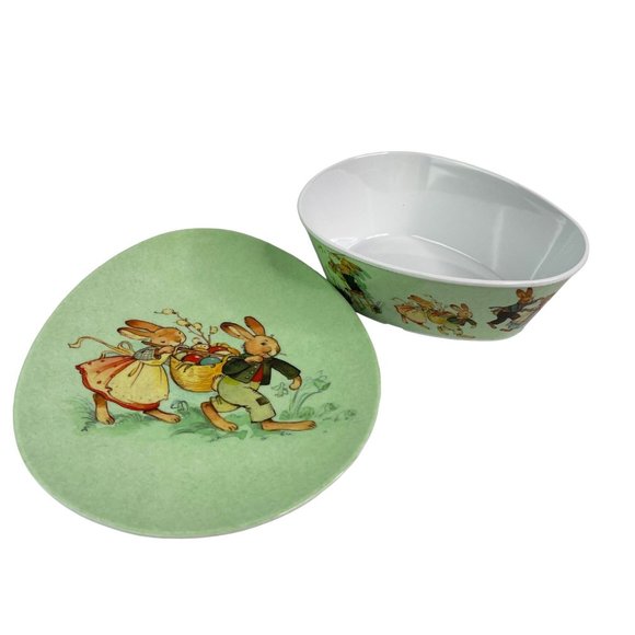 Childs Easter Plate Bowl Set Bunnies Rabbit Egg Shaped World Market - Picture 1 of 6